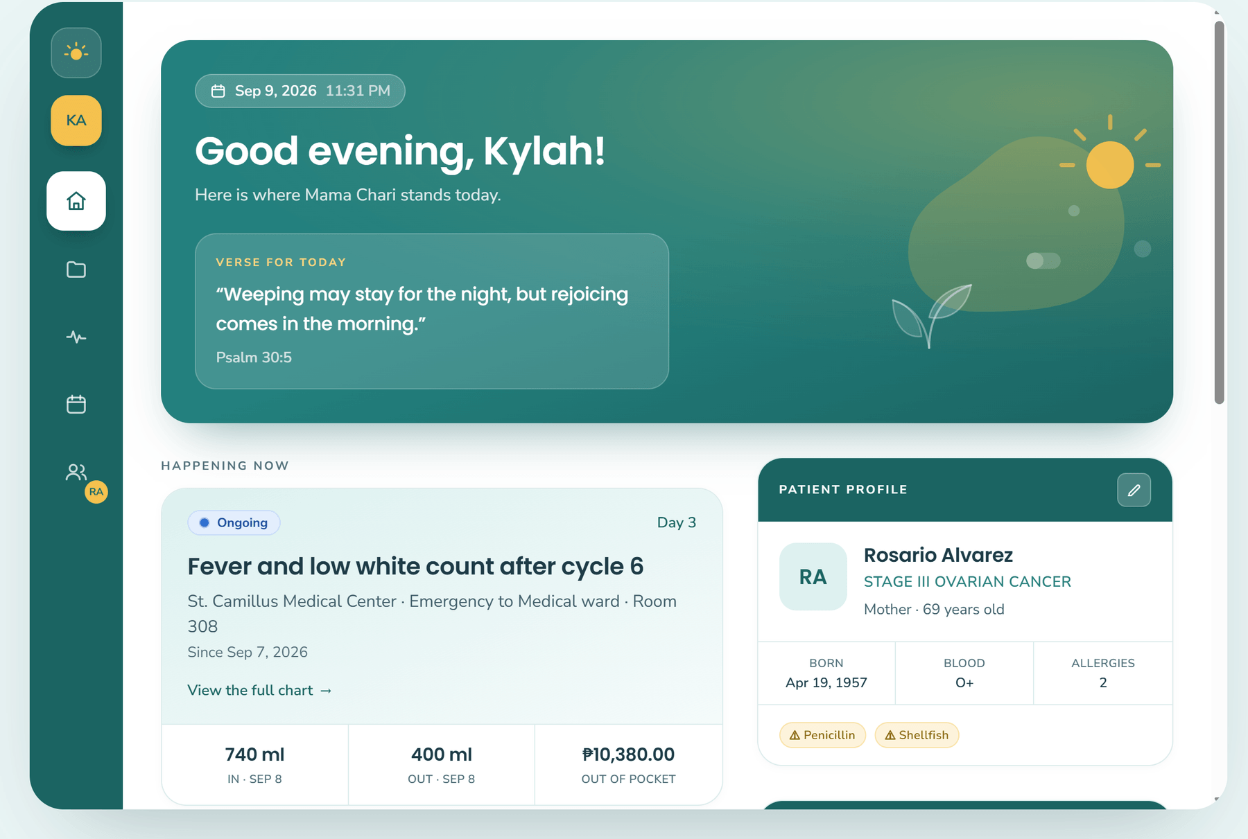 An early look at DaySpring: a hospital admission with fluid totals and the patient profile.